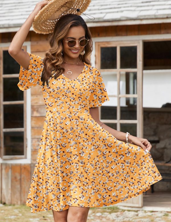 Womens Summer Dress Casual Swing Floral Ruffle Short Sleeve Sundresses Beach Mini A-line Shift Dress 2025 with Pockets