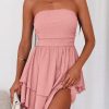 Women's 2025 Summer Strapless Tube Mini Dress Off Shoulder Smocked Ruffle A Line Flowy Short Party Club Dresses