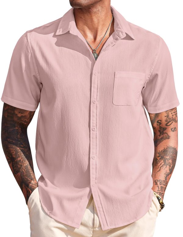 Men's Casual Short Sleeve Button Down Summer Beach Shirt Lightweight Textured Wrinkle Free Untucked Shirts
