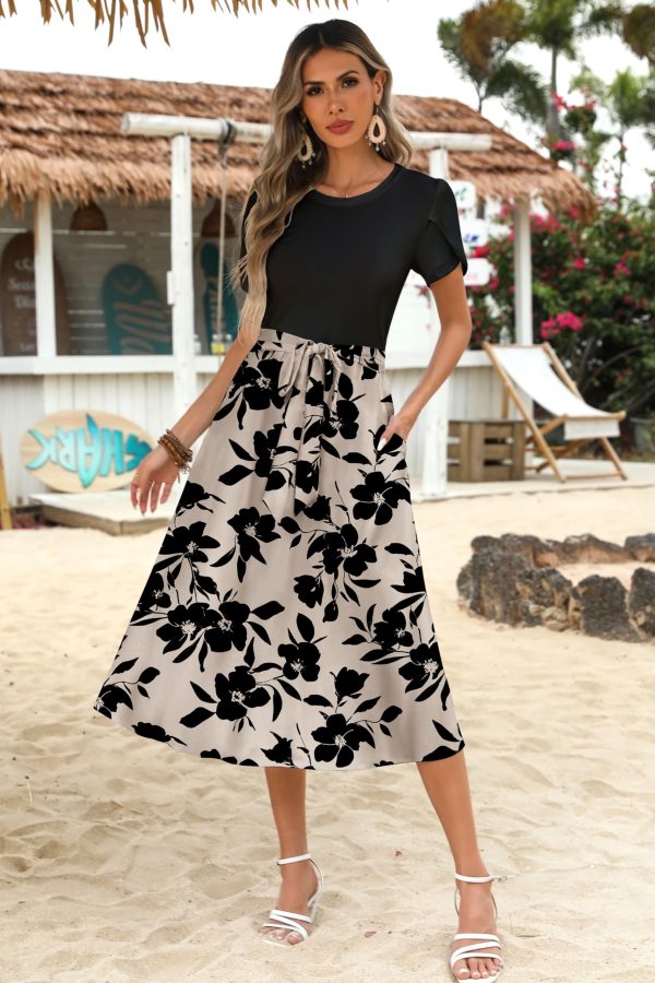 Womens Midi Dress Summer Short Sleeve Dress with Pockets 2025 Casual Floral T-Shirt Dress Flowy Beach Sundress