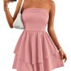 Women's 2025 Summer Strapless Tube Mini Dress Off Shoulder Smocked Ruffle A Line Flowy Short Party Club Dresses