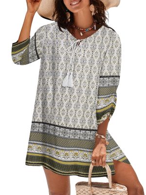 Womens Boho Dresses Casual Beach Summer Dress Tassel Tie Neck 3/4 Long Sleeve Mini Sundress 2025 Floral Print Cover Up