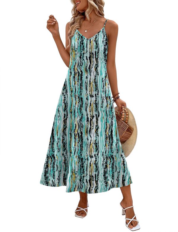 Womens Summer Maxi Dress Spaghetti Strap Casual Printed Dress Boho Floral Beach Sundress,