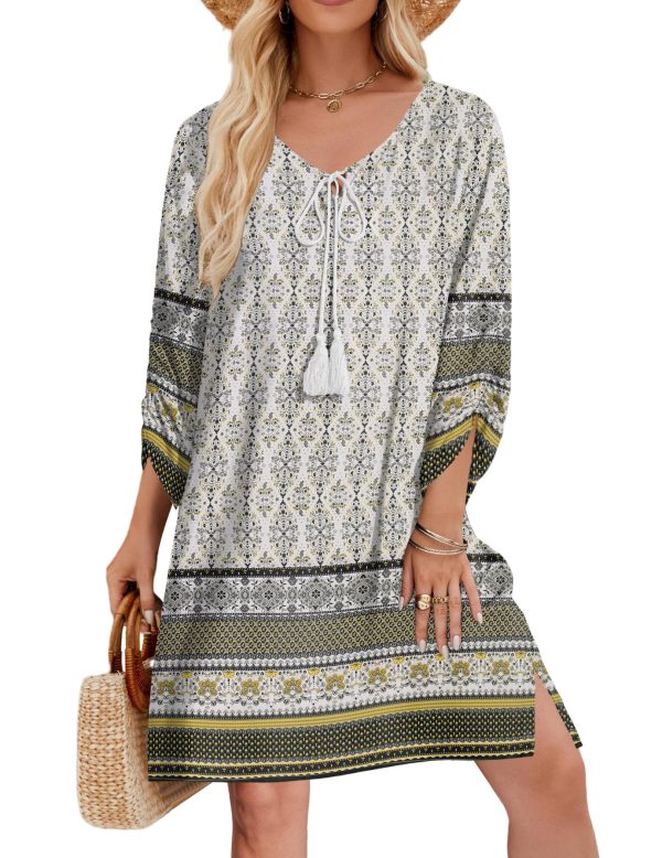 Womens Boho Dresses Casual Beach Summer Dress Tassel Tie Neck 3/4 Long Sleeve Mini Sundress 2025 Floral Print Cover Up