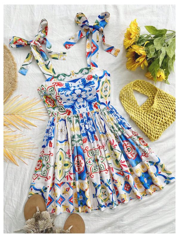 Women's Summer Floral Print Tie Shoulder Cami Dress Flare Hem Boho Mini Dress