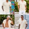 Mens Knit Button Down Shirts Casual Textured Polo Shirt Short Sleeve Vintage Summer Beach Tops