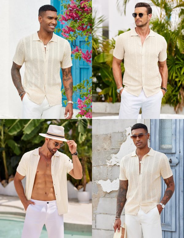 Mens Knit Button Down Shirts Casual Textured Polo Shirt Short Sleeve Vintage Summer Beach Tops
