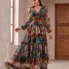 Summer Casual Dresses for Women 2024 Spring Fashion Boho V Neck Long Sleeve Ruffle Floral Print Elegant Maxi Dress