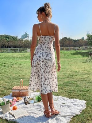 Women's Summer Split Thigh Spaghetti Strap Cami Midi Floral Dress