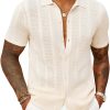 Mens Knit Button Down Shirts Casual Textured Polo Shirt Short Sleeve Vintage Summer Beach Tops