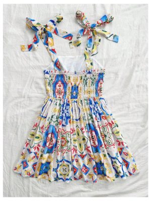 Women's Summer Floral Print Tie Shoulder Cami Dress Flare Hem Boho Mini Dress