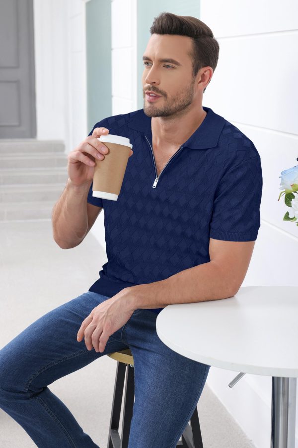 Mens Zipper Polo 3D Texture Shirts 2025 Spring Summer Fashion Knit Golf Tops Short Sleeve Dress Clothes