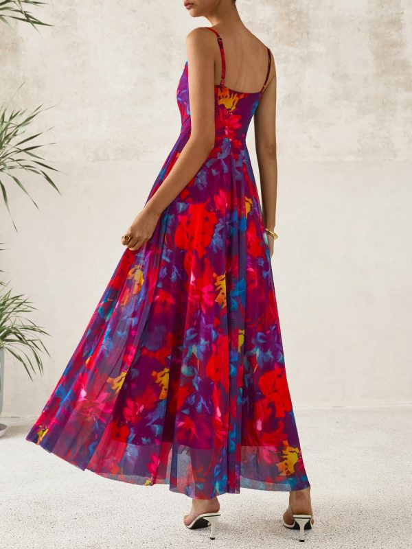 Women Summer Floral Maxi Dresses Elegant Spaghetti Strap Dress Printed Party Dress Beach Long Dresses