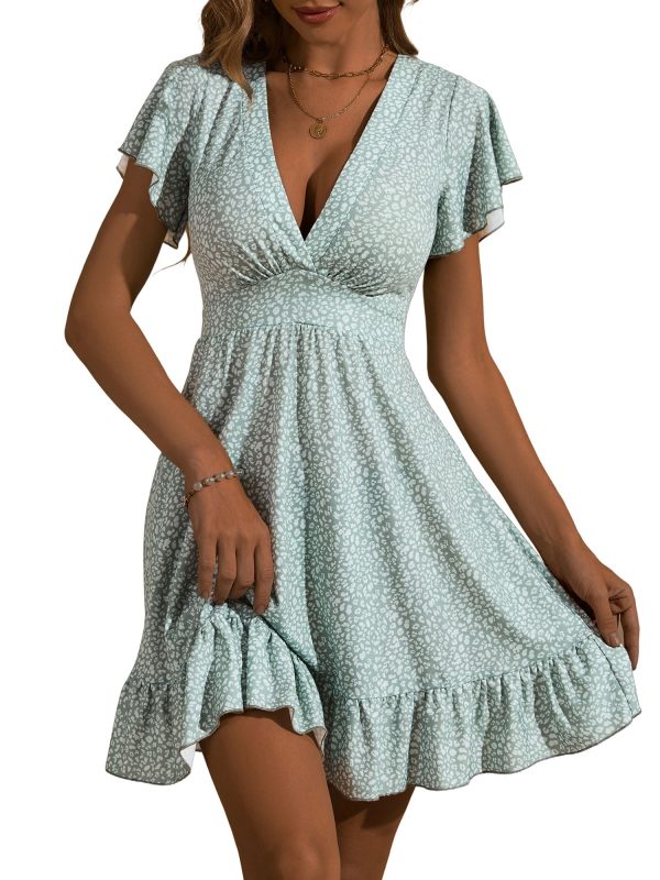 Womens Summer Dresses 2025 Floral Cap Sleeve Wrap V Neck Ruffle A-Line Sun Dress