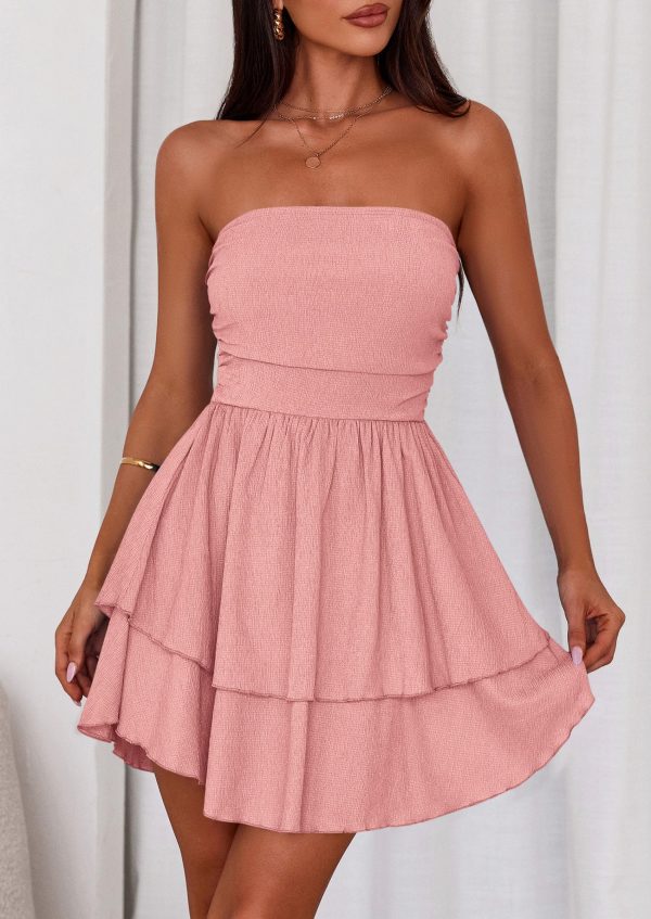 Women's 2025 Summer Strapless Tube Mini Dress Off Shoulder Smocked Ruffle A Line Flowy Short Party Club Dresses