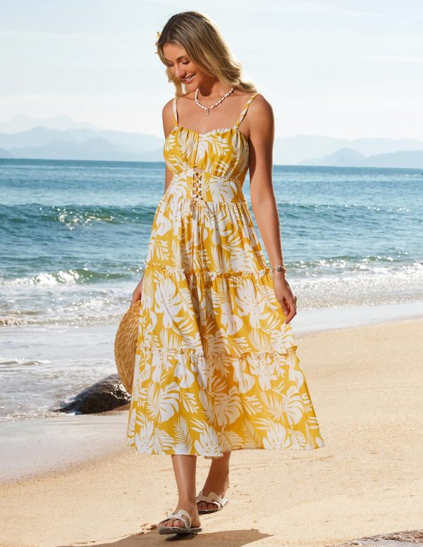 Women's Summer Floral Dress 2025 Spaghetti Strap Smocked Tiered Casual Boho Maxi Long Sundress with Pockets