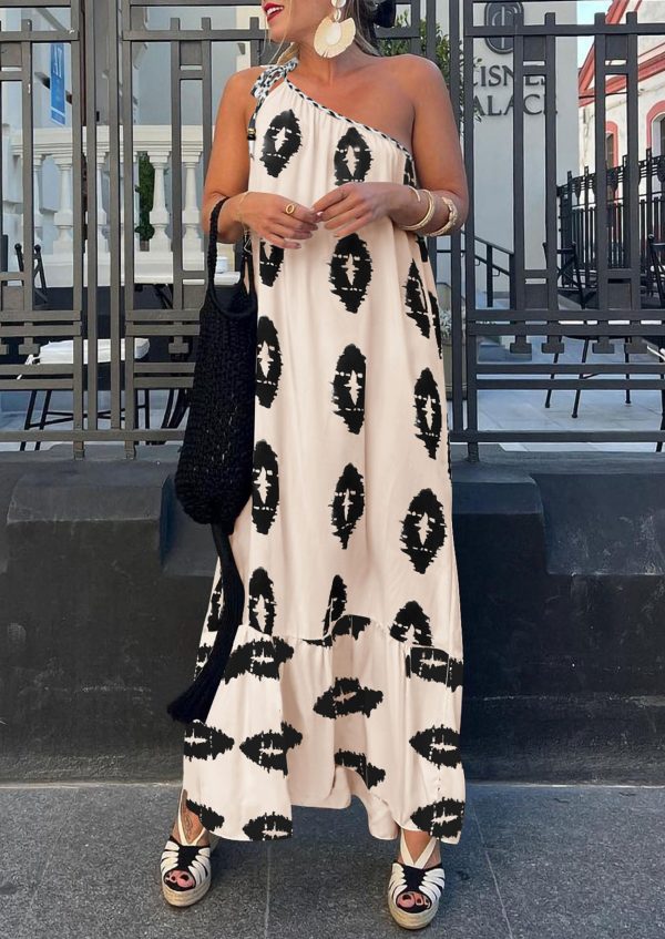Women's Summer One Shoulder Maxi Dresses Printed Flowy Boho Beach Vacation Long Sundress
