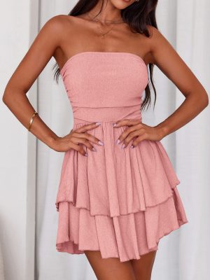 Women's 2025 Summer Strapless Tube Mini Dress Off Shoulder Smocked Ruffle A Line Flowy Short Party Club Dresses