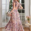 Women's Summer Floral Print Straps Sleeveless V Neck Criss Cross Backless Chiffon Beach Boho Party Long Maxi Dress
