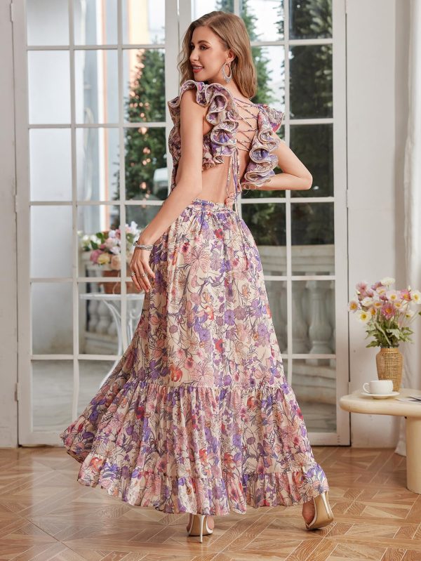 Women's Summer Floral Print Straps Sleeveless V Neck Criss Cross Backless Chiffon Beach Boho Party Long Maxi Dress