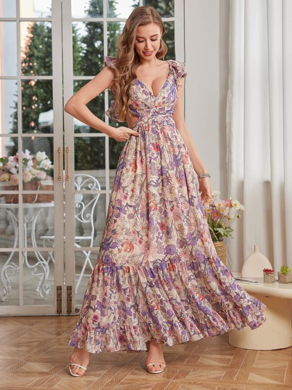 Women's Summer Floral Print Straps Sleeveless V Neck Criss Cross Backless Chiffon Beach Boho Party Long Maxi Dress