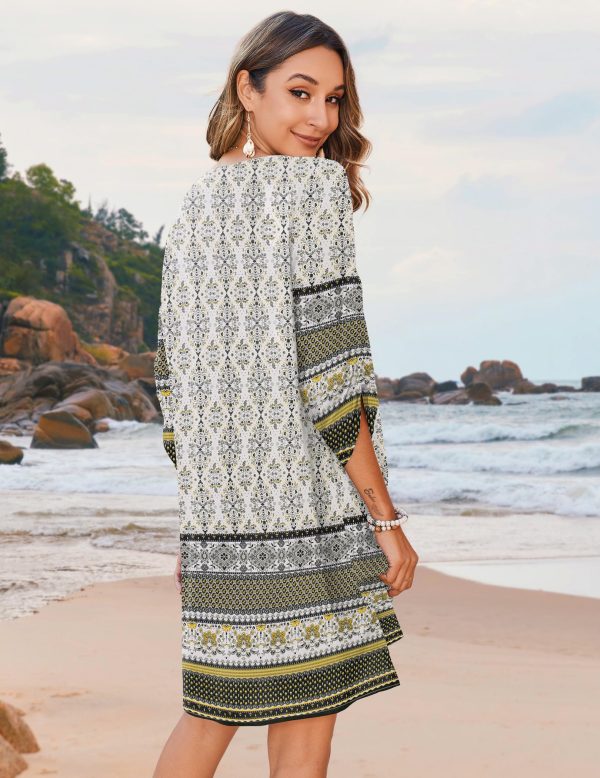 Womens Boho Dresses Casual Beach Summer Dress Tassel Tie Neck 3/4 Long Sleeve Mini Sundress 2025 Floral Print Cover Up