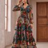 Summer Casual Dresses for Women 2024 Spring Fashion Boho V Neck Long Sleeve Ruffle Floral Print Elegant Maxi Dress