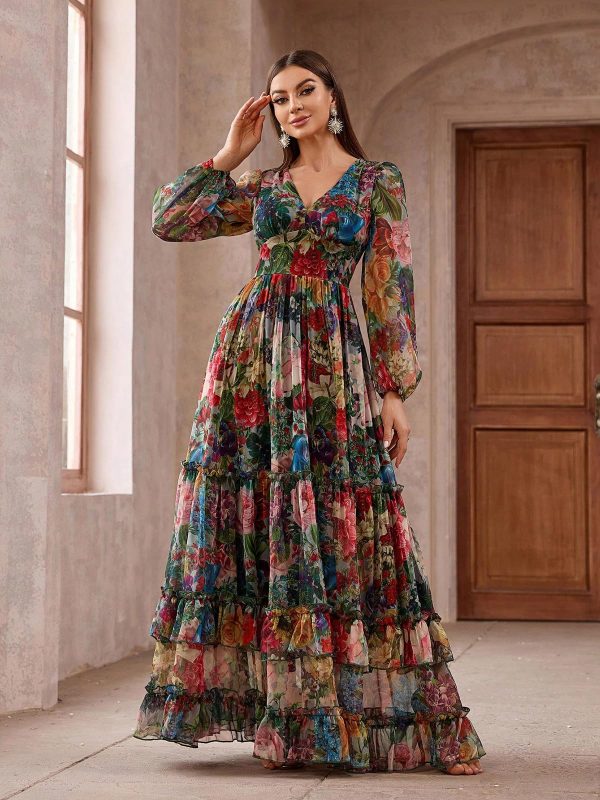 Summer Casual Dresses for Women 2024 Spring Fashion Boho V Neck Long Sleeve Ruffle Floral Print Elegant Maxi Dress
