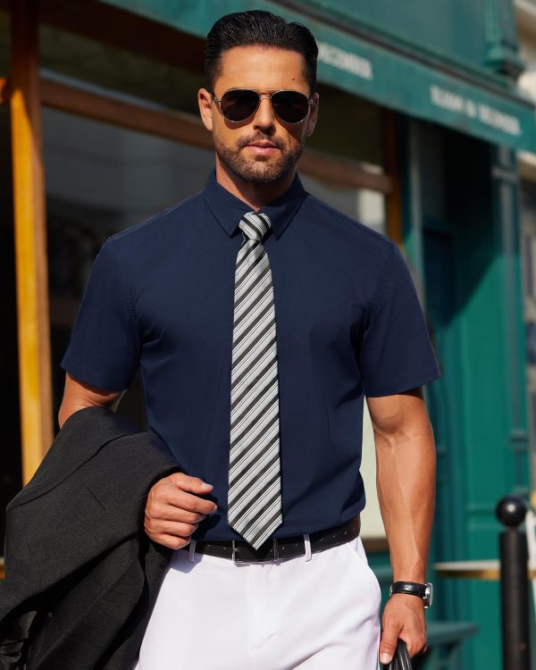 Mens Short Sleeve Button Down Shirt Stretch Business Casual Dress Shirts Solid Summer Wedding Prom Tops