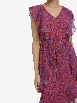 Women's Ruffle Trim Tie Waist Chiffon Mini Dress