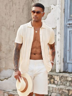 Mens Knit Button Down Shirts Casual Textured Polo Shirt Short Sleeve Vintage Summer Beach Tops
