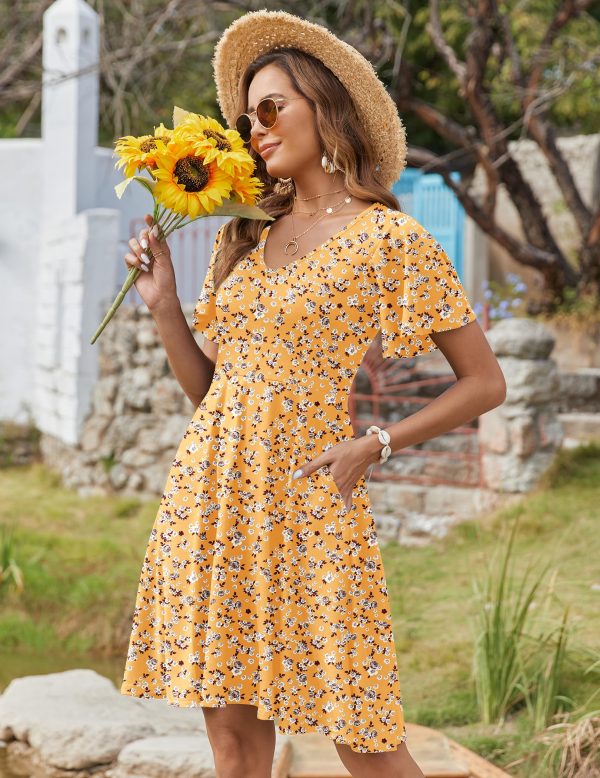 Womens Summer Dress Casual Swing Floral Ruffle Short Sleeve Sundresses Beach Mini A-line Shift Dress 2025 with Pockets