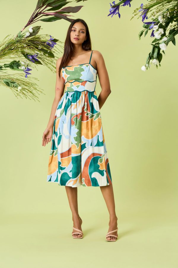 Women's Square Neck Spaghetti Strap Cotton Poplin Midi Floral Print Summer Wedding Guest a Line Dress