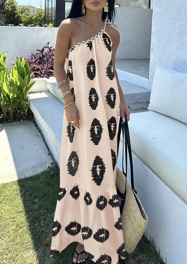 Women's Summer One Shoulder Maxi Dresses Printed Flowy Boho Beach Vacation Long Sundress