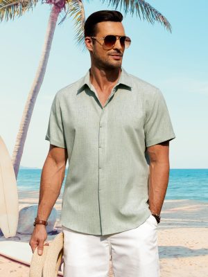 Men's Linen Shirts Casual Short Sleeve Button Down Shirt Beach Summer Vacation Holiday Wedding Cotton Tops
