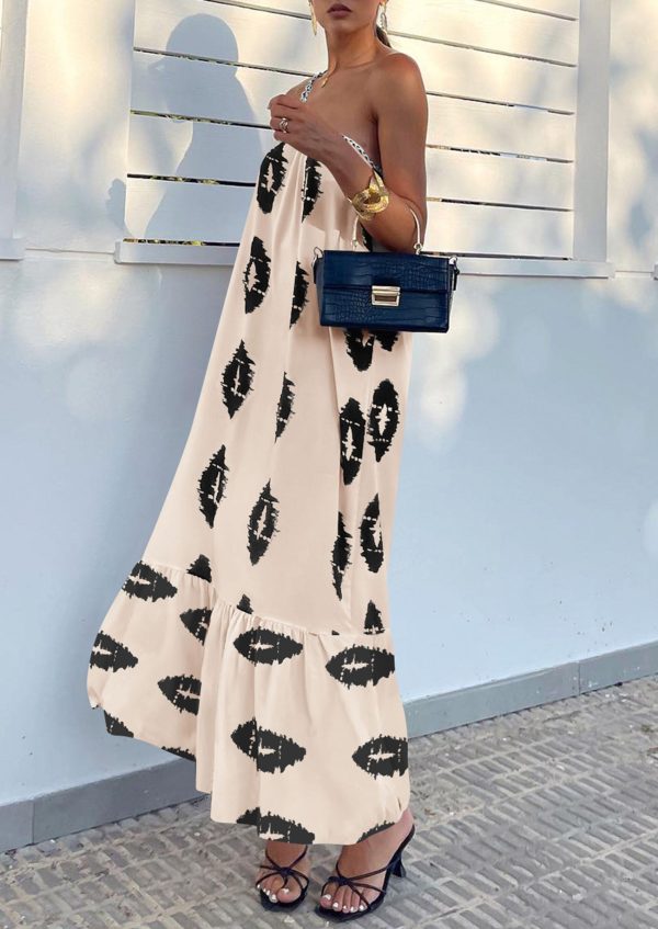 Women's Summer One Shoulder Maxi Dresses Printed Flowy Boho Beach Vacation Long Sundress