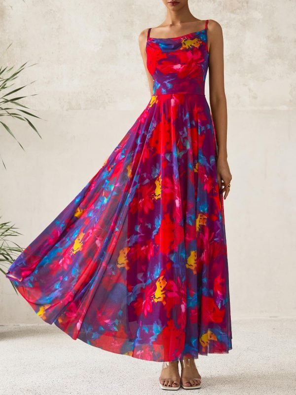 Women Summer Floral Maxi Dresses Elegant Spaghetti Strap Dress Printed Party Dress Beach Long Dresses