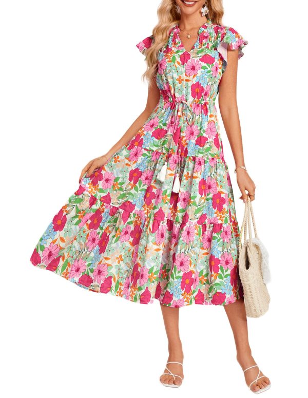 Womens Summer Floral Midi Dresses Short Sleeve Beach Wedding Guest Dress Drawstring Long Flowy Dress with Pockets