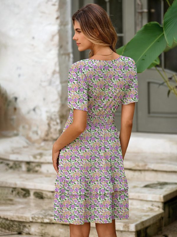 Simplee Womens Floral Short Summer Dress - Empire Waist A Line Flutter Sleeve V Neck Boho Mini Dresses with Pockets