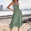 Women's Smocked Maxi Dress Summer Casual Boho Sleeveless Strap Ruffle Backless Swing Flowy Beach Long Sundress