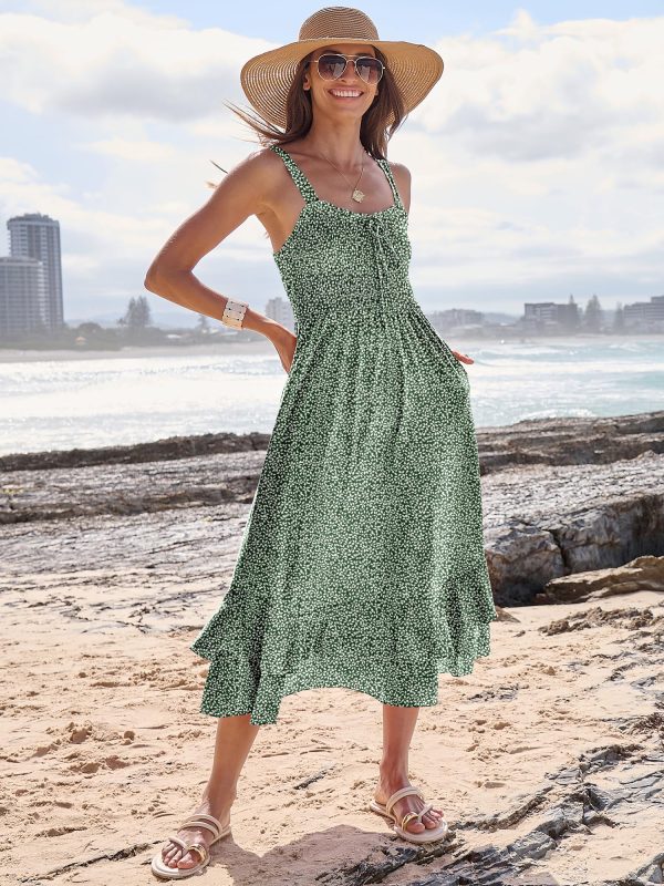 Women's Smocked Maxi Dress Summer Casual Boho Sleeveless Strap Ruffle Backless Swing Flowy Beach Long Sundress