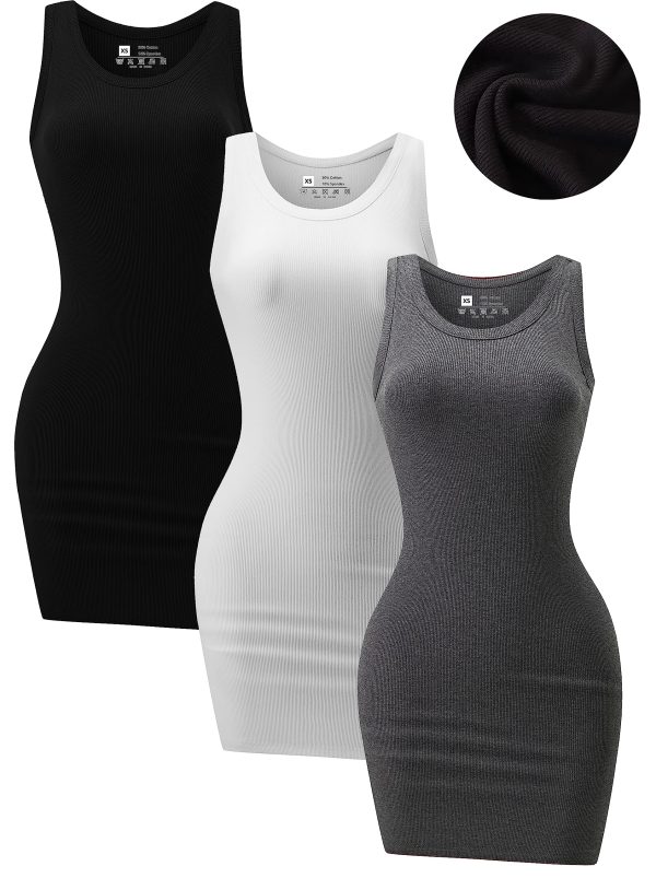 3 Piece Womens Summer Ribbed Tank Dress Scoop Neck Sleeveless Tank Top Dresses Basic Bodycon Mini Dress