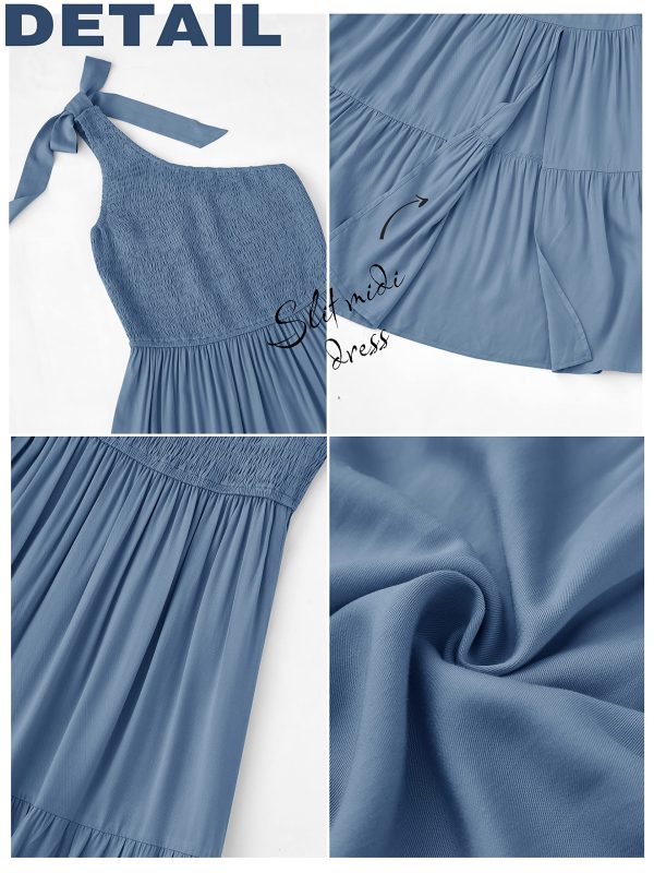 Women's Summer One Shoulder Sleeveless Knot Smocked Midi Dress Split Tiered Flowy Dresses