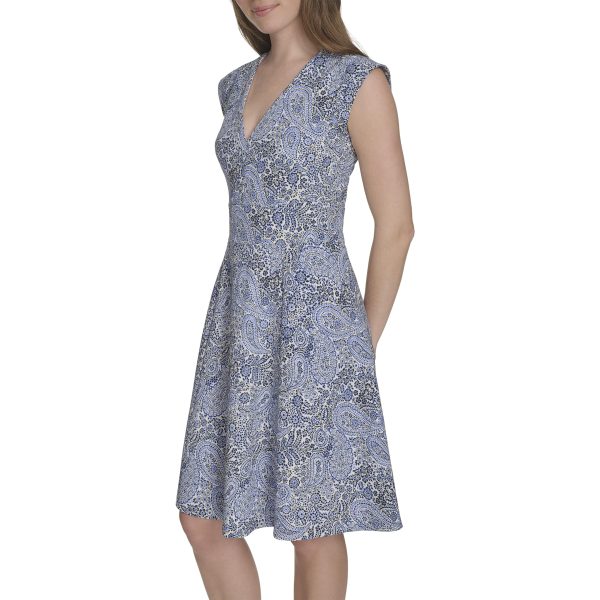 Women's V Neck All Over Columbier Print Fit and Flare Dress