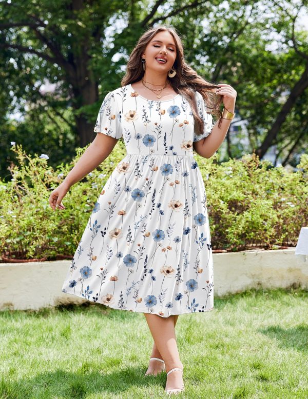 Women Plus Size Short Sleeve Dress Loose Summer Casual A-Line Flowy Midi Dresses with Pockets