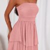 Women's 2025 Summer Strapless Tube Mini Dress Off Shoulder Smocked Ruffle A Line Flowy Short Party Club Dresses