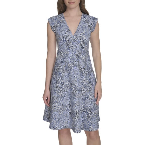 Women's V Neck All Over Columbier Print Fit and Flare Dress