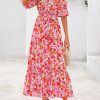 Womens Floral Maxi Dresses Boho Summer Casual V Neck 3/4 Puff Sleeve Button Down Tie Waist Long Flowy Shirt Dress