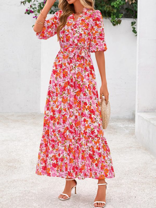 Womens Floral Maxi Dresses Boho Summer Casual V Neck 3/4 Puff Sleeve Button Down Tie Waist Long Flowy Shirt Dress