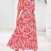 Womens Floral Maxi Dresses Boho Summer Casual V Neck 3/4 Puff Sleeve Button Down Tie Waist Long Flowy Shirt Dress
